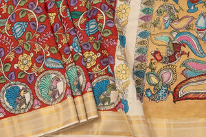 Maroon And Mustard Handpainted Kalamkari Mangalgiri Silk Saree Organic Dyes For Office Wear PKMS 69 - Kalamkari Silk - Panjavarnam PKMS 69