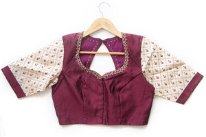 Maroon And Off White Kantha Work Readymade Blouse PV BL 008 - Blouse - Panjavarnam PV BL 008