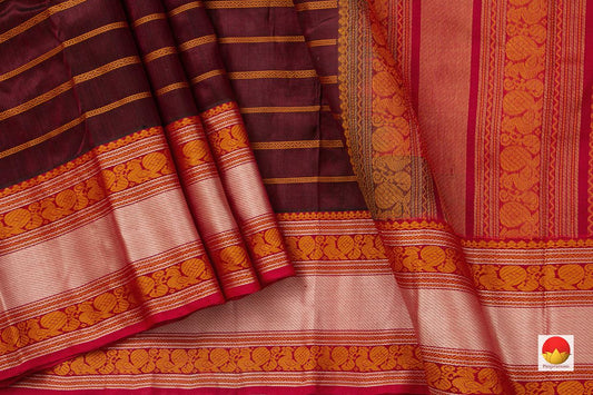 Maroon And Orange Kanchi Silk Cotton Saree With Veldhari Stripes Handwoven For Office Wear PV KSC 1197 - Silk Cotton - Panjavarnam
