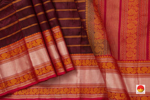 Maroon And Orange Kanchi Silk Cotton Saree With Veldhari Stripes Handwoven For Office Wear PV KSC 1197 - Silk Cotton - Panjavarnam PV KSC 1197