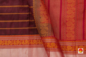 Maroon And Orange Kanchi Silk Cotton Saree With Veldhari Stripes Handwoven For Office Wear PV KSC 1197 - Silk Cotton - Panjavarnam PV KSC 1197