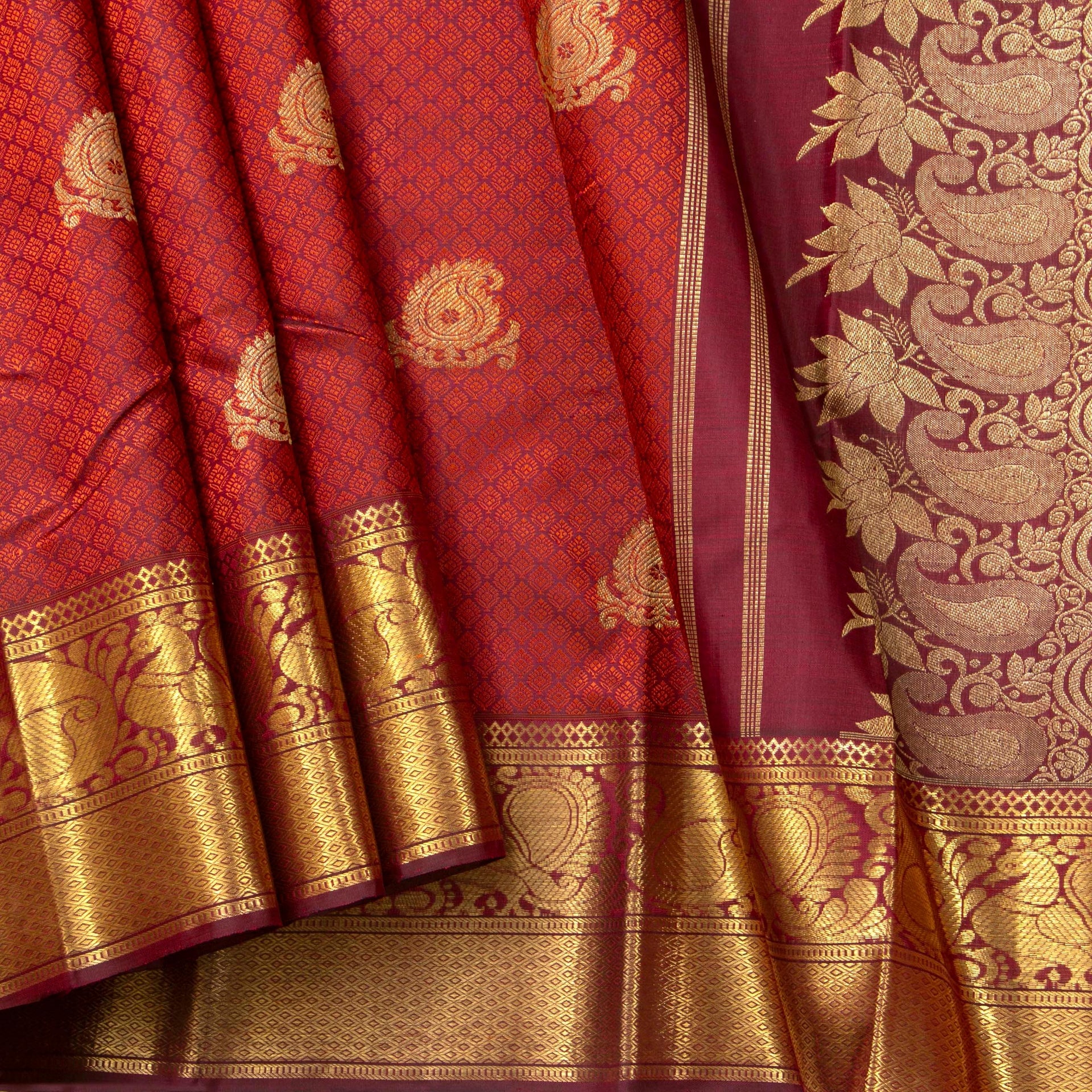 Maroon And Orange Kanchipuram Silk Saree With Jacquard Work For