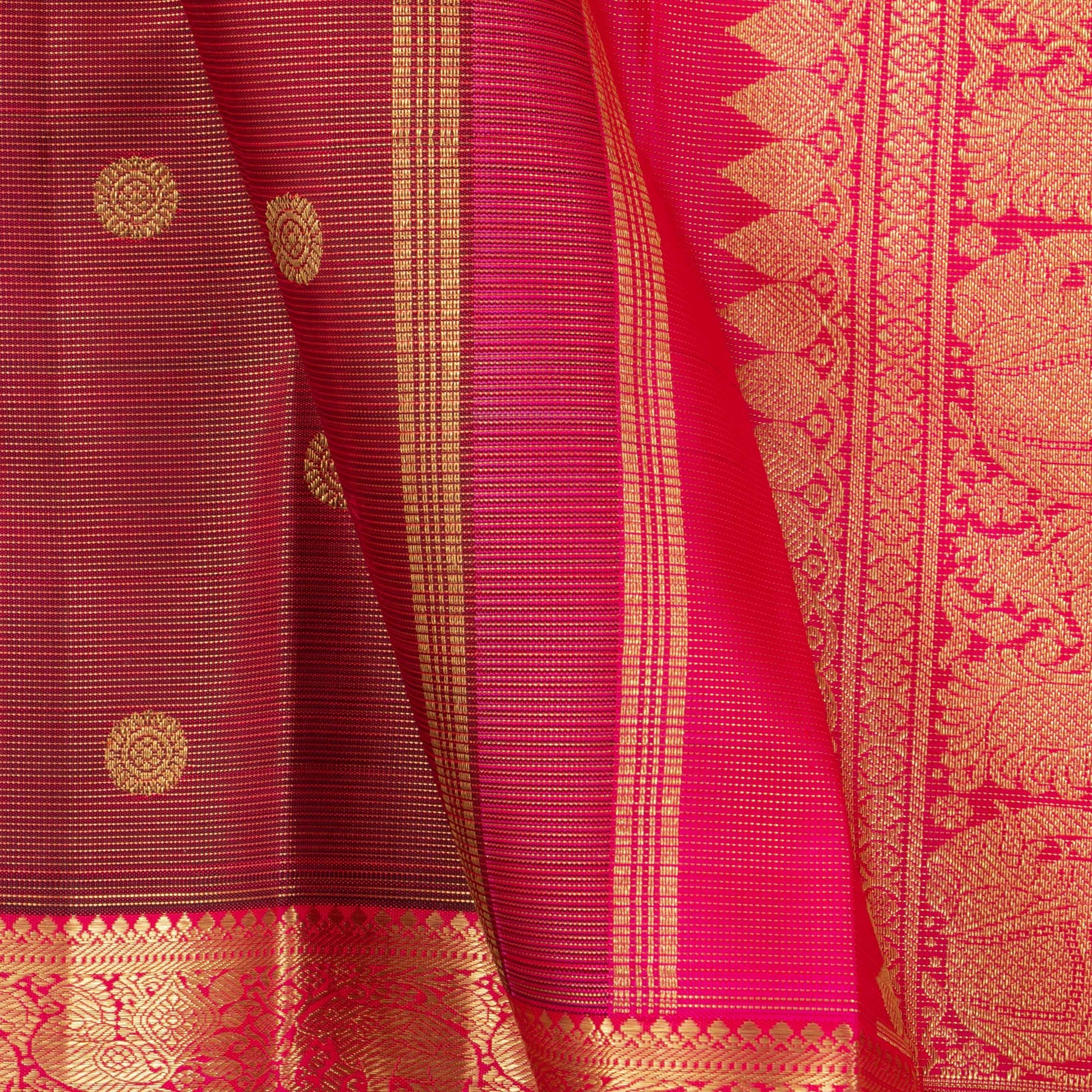 Maroon And Pink Kanchipuram Silk Saree With Medium Border Handwoven Pure Silk For Wedding Wear PV NYC 1196 - Silk Sari - Panjavarnam PV NYC 1196