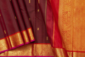 Maroon And Red Kanchipuram Silk Saree With Medium Border Handwoven Pure Silk For Festive Wear PV J 391 - Silk Sari - Panjavarnam PV J 391