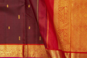 Maroon And Red Kanchipuram Silk Saree With Medium Border Handwoven Pure Silk For Festive Wear PV J 391 - Silk Sari - Panjavarnam PV J 391