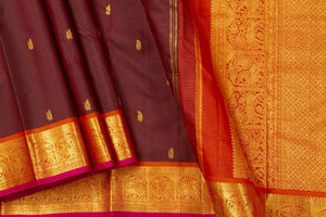 Maroon And Red Kanchipuram Silk Saree With Medium Border Handwoven Pure Silk For Festive Wear PV J 412 - Silk Sari - Panjavarnam PV J 412