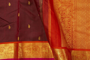 Maroon And Red Kanchipuram Silk Saree With Medium Border Handwoven Pure Silk For Festive Wear PV J 412 - Silk Sari - Panjavarnam PV J 412