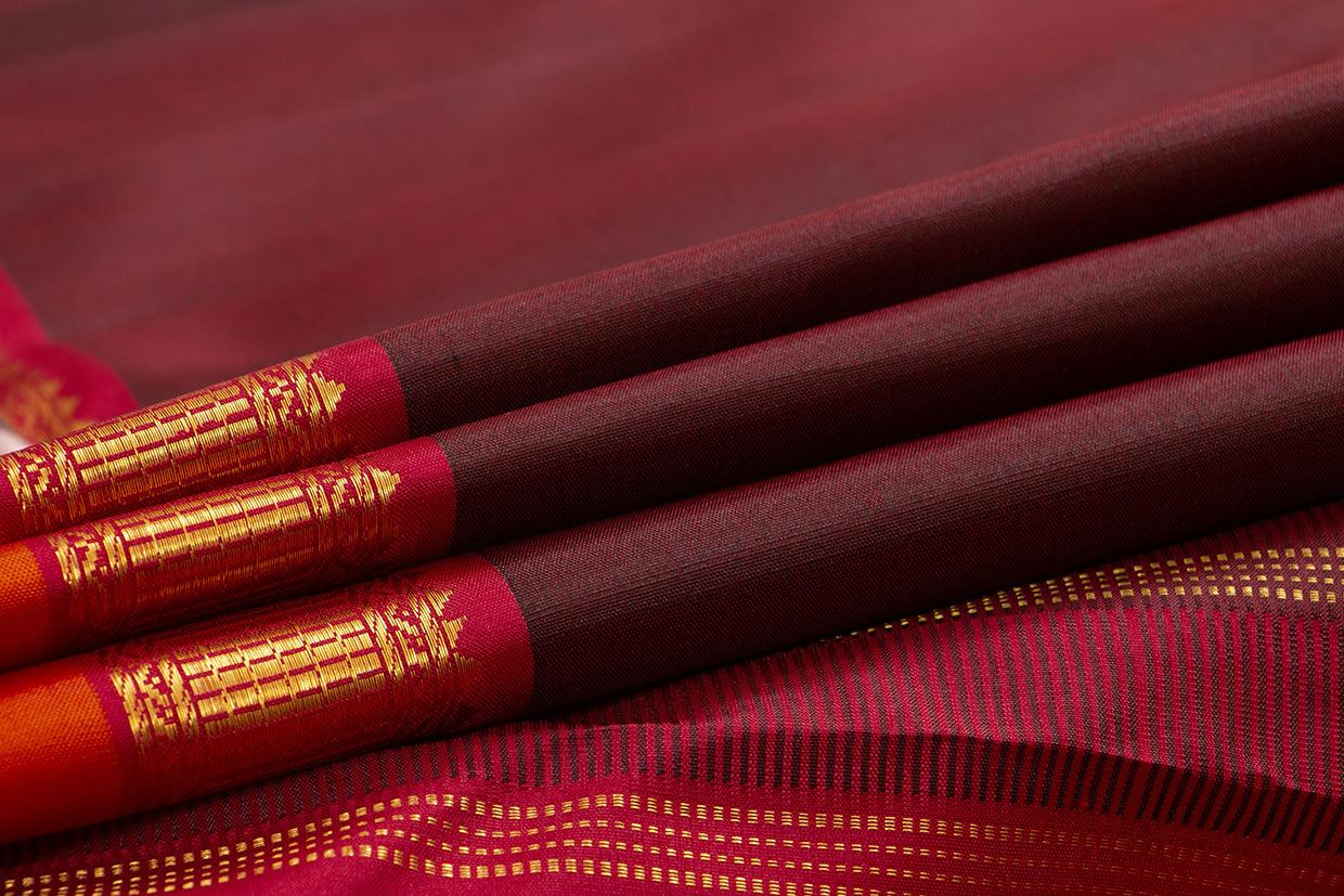 Maroon And Red Kanchipuram Silk Saree With Short Border Handwoven Pure Silk For Festive Wear PV J 456 - Silk Sari - Panjavarnam