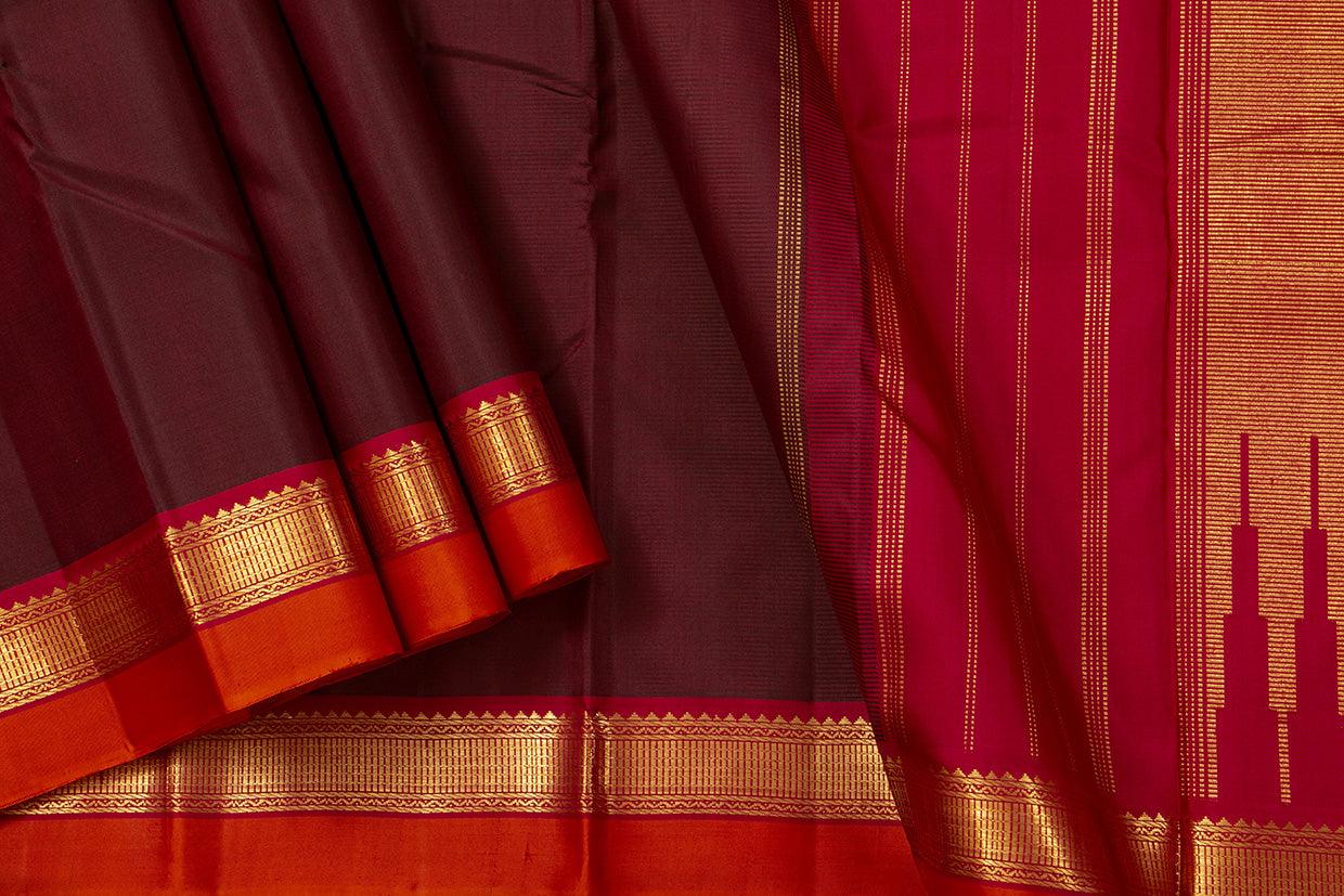 Maroon And Red Kanchipuram Silk Saree With Short Border Handwoven Pure Silk For Festive Wear PV J 456 - Silk Sari - Panjavarnam PV J 456