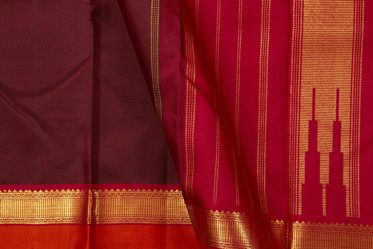 Maroon And Red Kanchipuram Silk Saree With Short Border Handwoven Pure Silk For Festive Wear PV J 456 - Silk Sari - Panjavarnam PV J 456