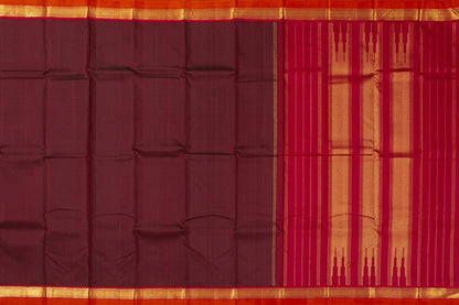 Maroon And Red Kanchipuram Silk Saree With Short Border Handwoven Pure Silk For Festive Wear PV J 456 - Silk Sari - Panjavarnam PV J 456