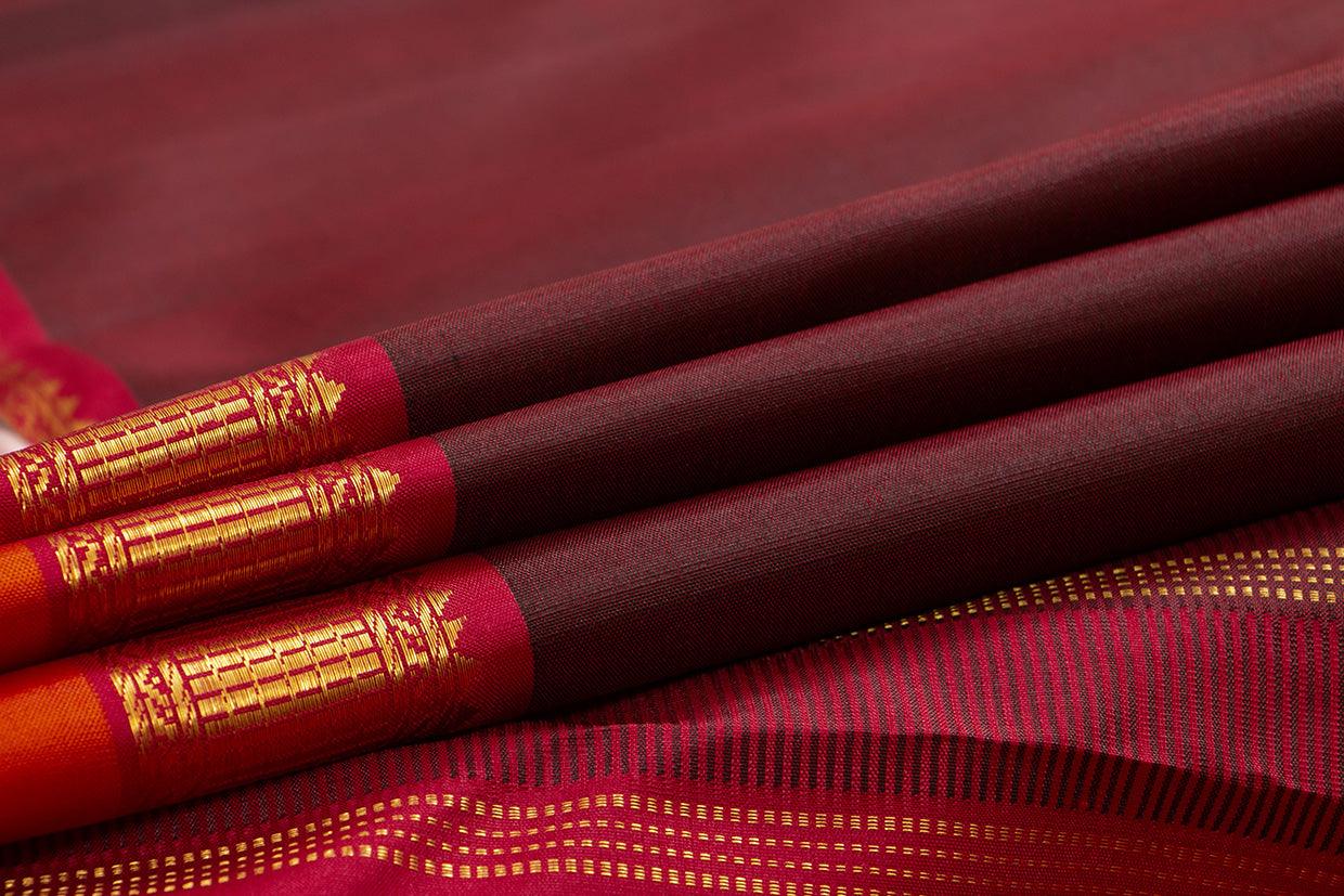 Maroon And Red Kanchipuram Silk Saree With Short Border Handwoven Pure Silk For Festive Wear PV J 456 - Silk Sari - Panjavarnam PV J 456