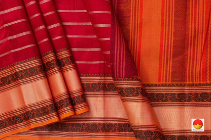 Maroon Kanchi Silk Cotton Saree With Veldhari Stripes Handwoven For Office Wear KSC 1188 - Silk Cotton - Panjavarnam KSC 1188