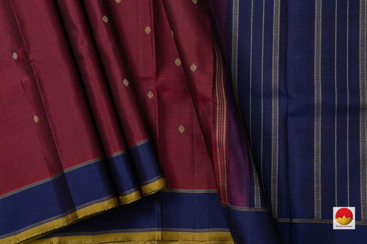 Maroon Kanchipuram Silk Saree With Blue Rettai Pettu Korvai Border Handwoven Pure Silk Pure Zari For Wedding Wear PV NYC 931 - Silk Sari - Panjavarnam