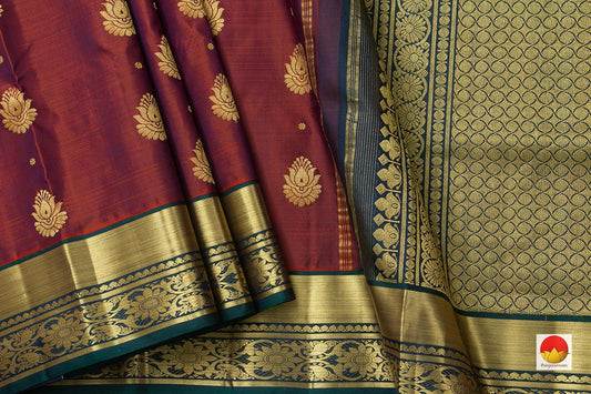 Maroon Kanchipuram Silk Saree With Green Border Handwoven Pure Silk Pure Zari For Festive Wear PV SA 2041 - Silk Sari - Panjavarnam