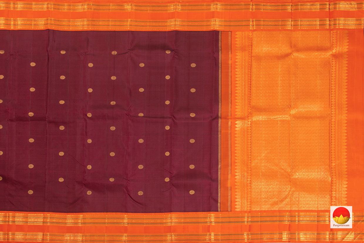 Maroon Kanchipuram Silk Saree With Orange Korvai Rettai Pettu Border Handwoven Pure Silk Pure Zari For Weddings - PV J 7221 - Silk Sari - Panjavarnam