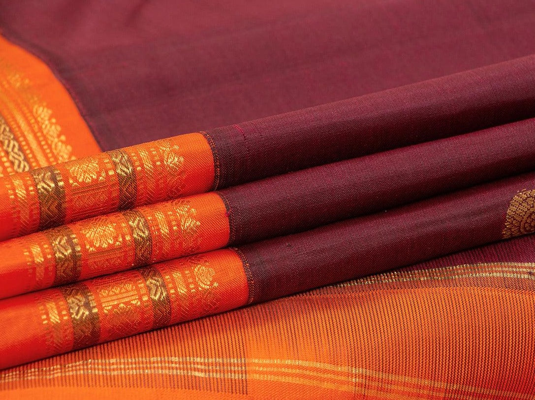 Maroon Kanchipuram Silk Saree With Orange Korvai Rettai Pettu Border Handwoven Pure Silk Pure Zari For Weddings - PV J 7221 - Silk Sari - Panjavarnam