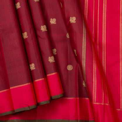 Maroon Kanchipuram Silk Saree With Short Border Handwoven Pure Silk For Festive Wear PV NYC 1159 - Silk Sari - Panjavarnam PV NYC 1159