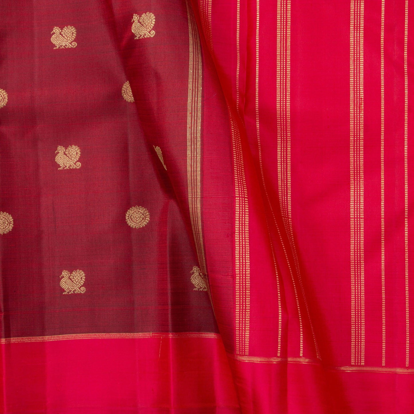 Maroon Kanchipuram Silk Saree With Short Border Handwoven Pure Silk For Festive Wear PV NYC 1159 - Silk Sari - Panjavarnam PV NYC 1159