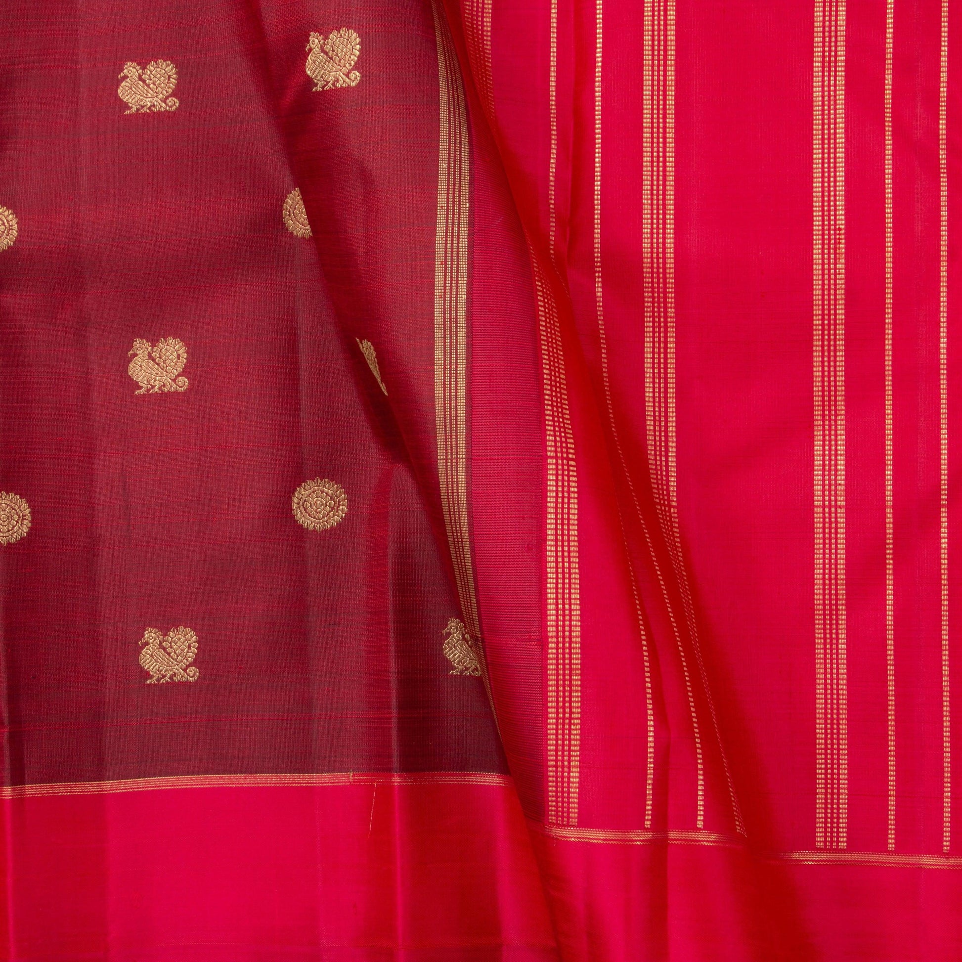 Maroon Kanchipuram Silk Saree With Short Border Handwoven Pure Silk For Festive Wear PV NYC 1159 - Silk Sari - Panjavarnam PV NYC 1159