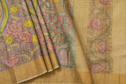 Mauve And Beige Kalamkari Tussar Silk Saree Handpainted Floral Patterns Organic Vegetable Dyes PT K VSR 112 - Kalamkari Silk - Panjavarnam PT K VSR 112