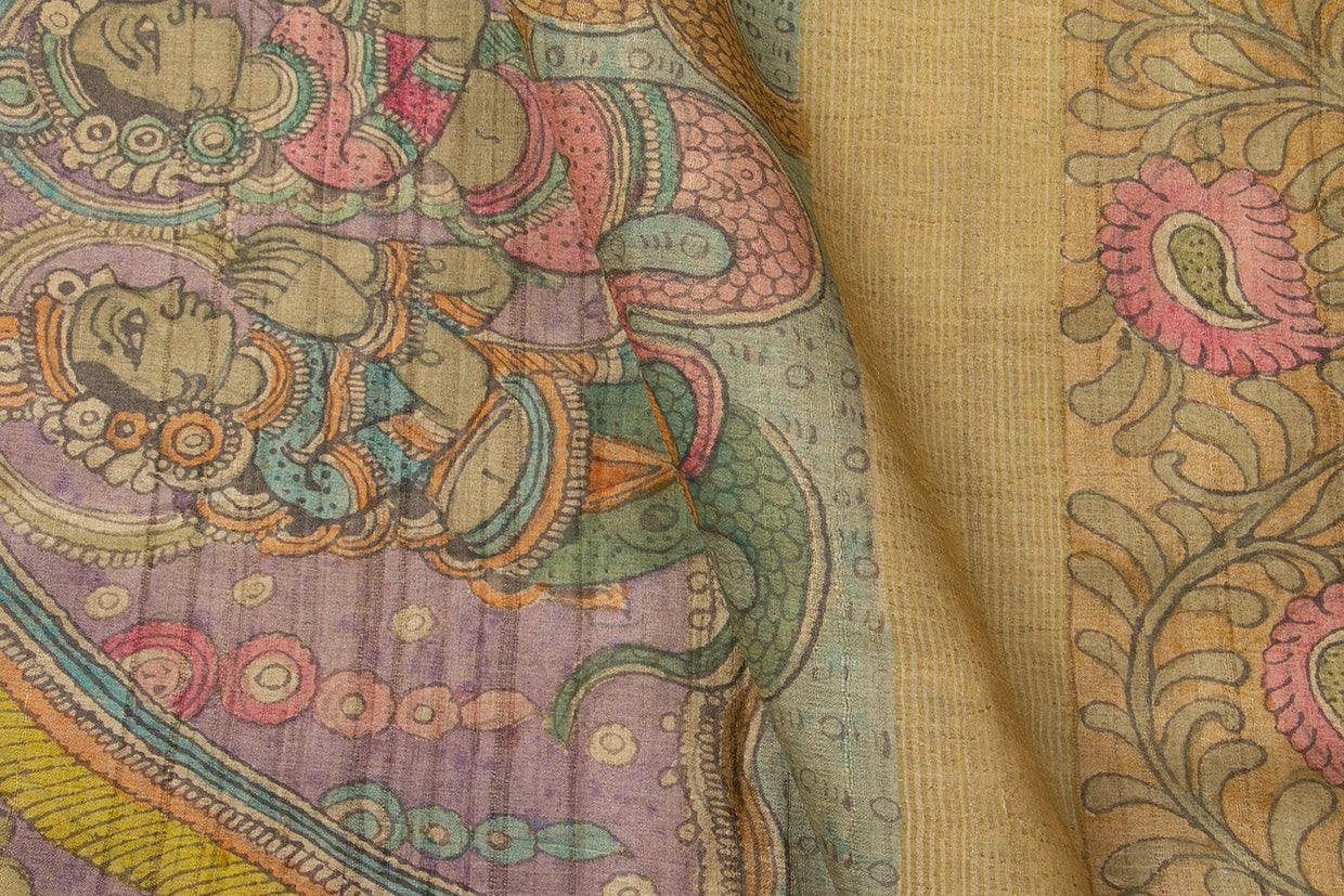 Mauve And Beige Kalamkari Tussar Silk Saree Handpainted Floral Patterns Organic Vegetable Dyes PT K VSR 112 - Kalamkari Silk - Panjavarnam PT K VSR 112