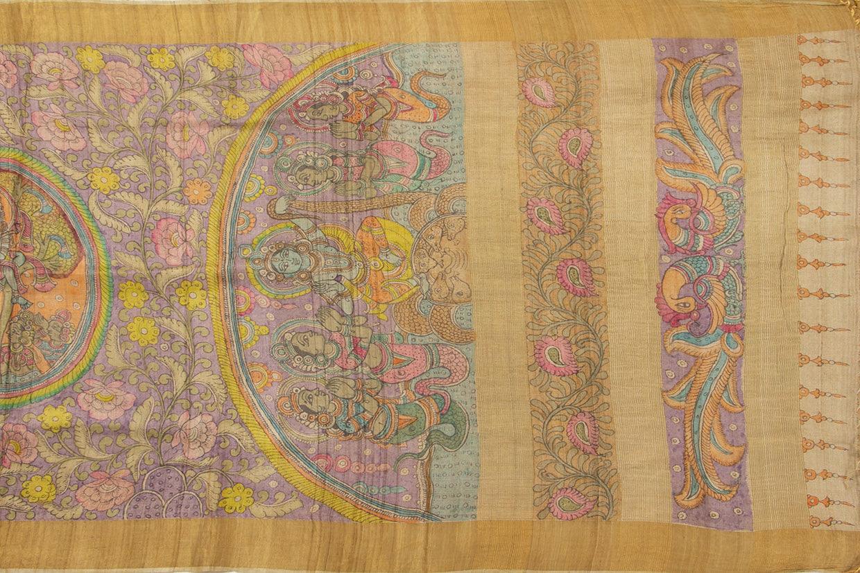 Mauve And Beige Kalamkari Tussar Silk Saree Handpainted Floral Patterns Organic Vegetable Dyes PT K VSR 112 - Kalamkari Silk - Panjavarnam PT K VSR 112