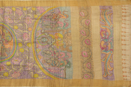 Mauve And Beige Kalamkari Tussar Silk Saree Handpainted Floral Patterns Organic Vegetable Dyes PT K VSR 112 - Kalamkari Silk - Panjavarnam PT K VSR 112