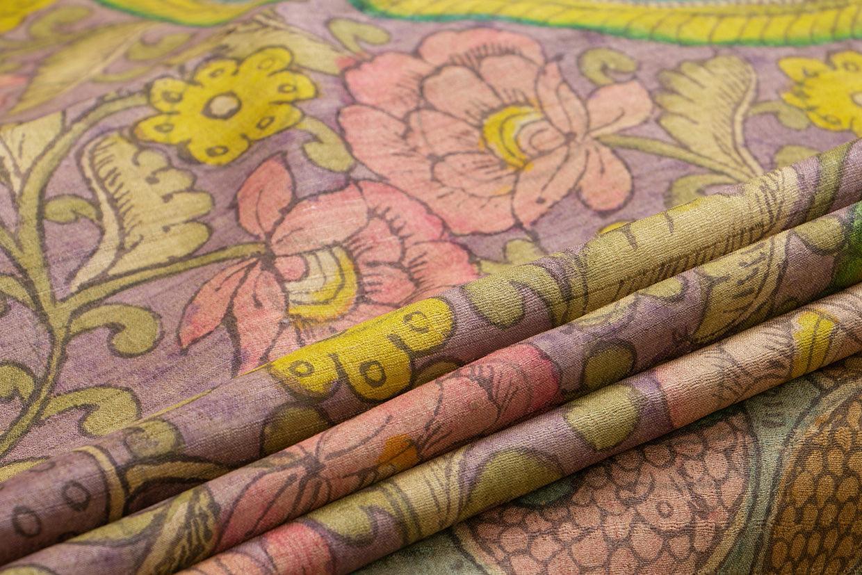 Mauve And Beige Kalamkari Tussar Silk Saree Handpainted Floral Patterns Organic Vegetable Dyes PT K VSR 112 - Kalamkari Silk - Panjavarnam PT K VSR 112