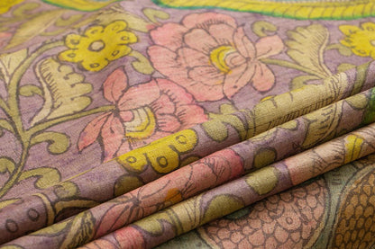 Mauve And Beige Kalamkari Tussar Silk Saree Handpainted Floral Patterns Organic Vegetable Dyes PT K VSR 112 - Kalamkari Silk - Panjavarnam PT K VSR 112