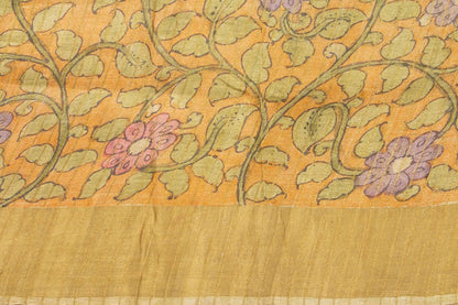 Mauve And Beige Kalamkari Tussar Silk Saree Handpainted Floral Patterns Organic Vegetable Dyes PT K VSR 112 - Kalamkari Silk - Panjavarnam PT K VSR 112