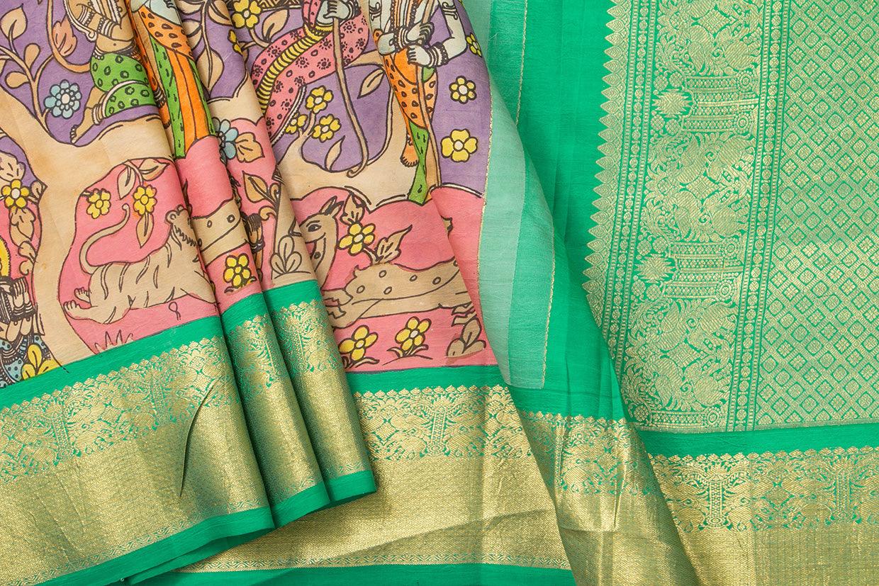 Mauve And Sea Green Handpainted Kalamkari Kanchipuram Silk Saree Ramayana Theme Pure Zari PV VSR KK 106 - Kalamkari Silk - Panjavarnam PV VSR KK 106