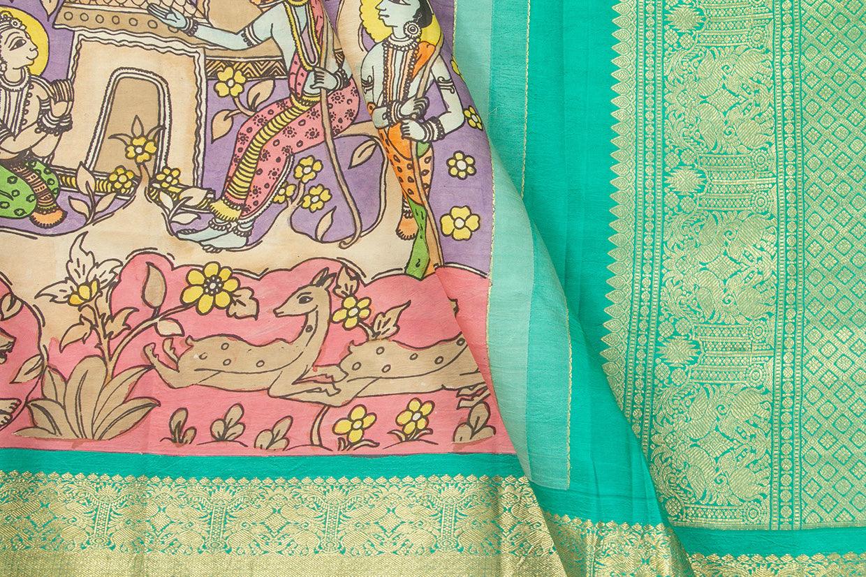 Mauve And Sea Green Handpainted Kalamkari Kanchipuram Silk Saree Ramayana Theme Pure Zari PV VSR KK 106 - Kalamkari Silk - Panjavarnam PV VSR KK 106