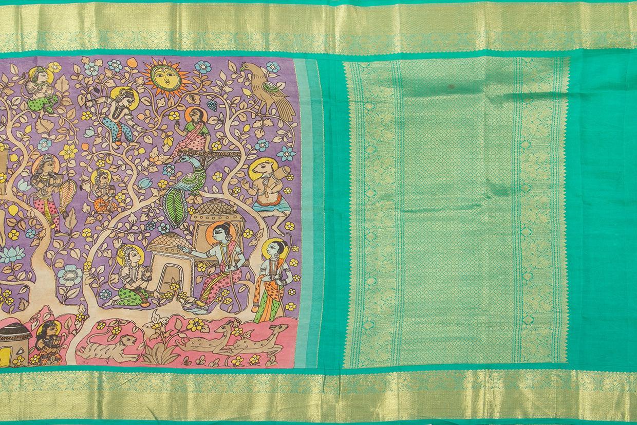 Mauve And Sea Green Handpainted Kalamkari Kanchipuram Silk Saree Ramayana Theme Pure Zari PV VSR KK 106 - Kalamkari Silk - Panjavarnam PV VSR KK 106