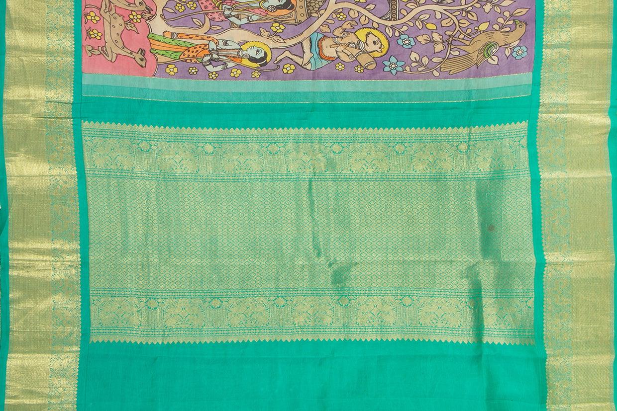 Mauve And Sea Green Handpainted Kalamkari Kanchipuram Silk Saree Ramayana Theme Pure Zari PV VSR KK 106 - Kalamkari Silk - Panjavarnam PV VSR KK 106