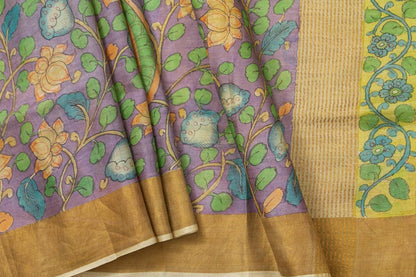 Mauve And YellowKalamkari Tussar Silk Saree Handpainted Floral Patterns Organic Vegetable Dyes PT K VSR 114 - Kalamkari Silk - Panjavarnam PT K VSR 114