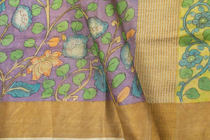 Mauve And YellowKalamkari Tussar Silk Saree Handpainted Floral Patterns Organic Vegetable Dyes PT K VSR 114 - Kalamkari Silk - Panjavarnam PT K VSR 114