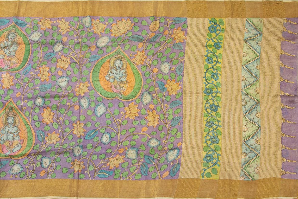 Mauve And YellowKalamkari Tussar Silk Saree Handpainted Floral Patterns Organic Vegetable Dyes PT K VSR 114 - Kalamkari Silk - Panjavarnam PT K VSR 114