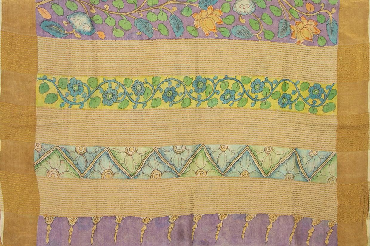 Mauve And YellowKalamkari Tussar Silk Saree Handpainted Floral Patterns Organic Vegetable Dyes PT K VSR 114 - Kalamkari Silk - Panjavarnam PT K VSR 114