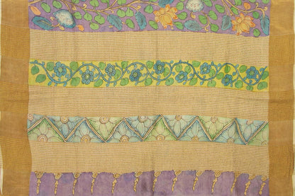 Mauve And YellowKalamkari Tussar Silk Saree Handpainted Floral Patterns Organic Vegetable Dyes PT K VSR 114 - Kalamkari Silk - Panjavarnam PT K VSR 114