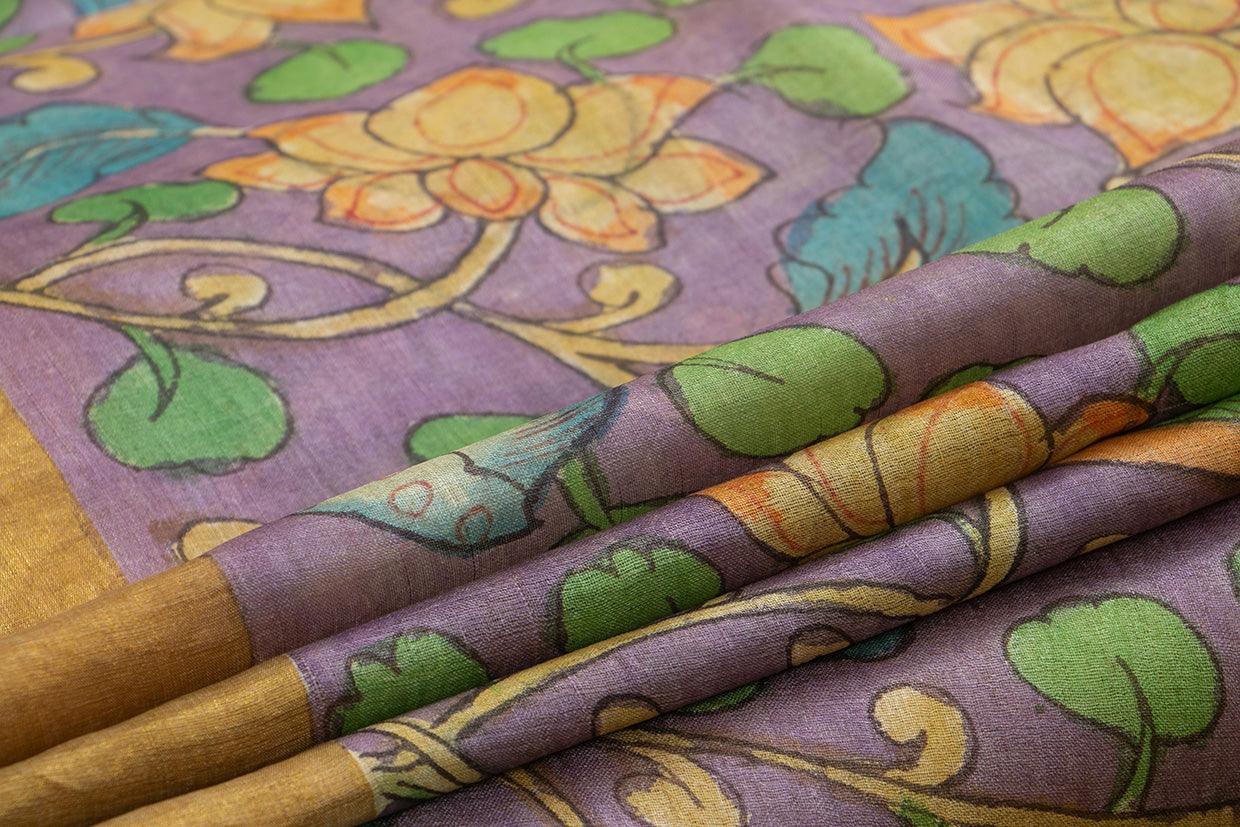 Mauve And YellowKalamkari Tussar Silk Saree Handpainted Floral Patterns Organic Vegetable Dyes PT K VSR 114 - Kalamkari Silk - Panjavarnam PT K VSR 114