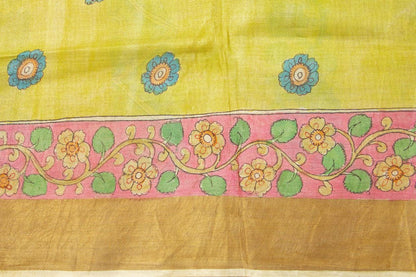 Mauve And YellowKalamkari Tussar Silk Saree Handpainted Floral Patterns Organic Vegetable Dyes PT K VSR 114 - Kalamkari Silk - Panjavarnam PT K VSR 114