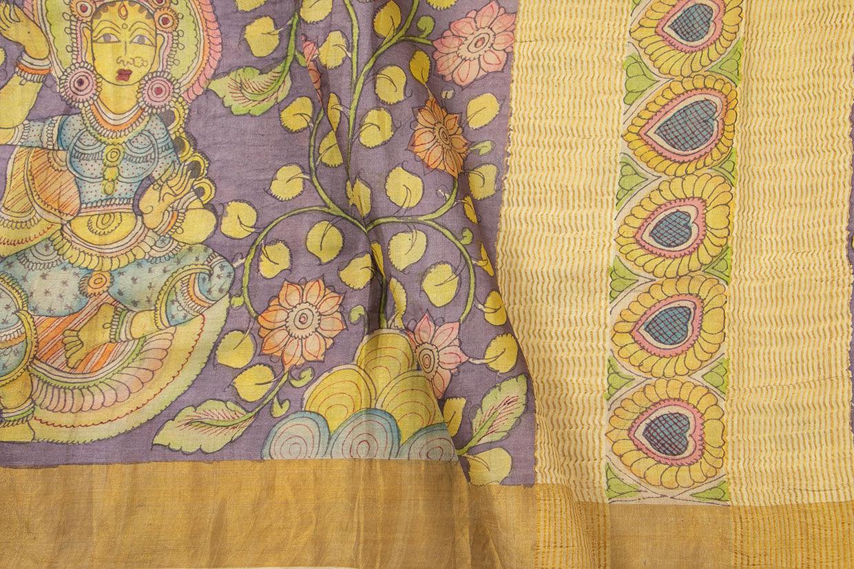 Mauve Kalamkari Tussar Silk Saree Handpainted Floral And Dancing Girl Patterns Organic Vegetable Dyes PT K VSR 107 - Kalamkari Silk - Panjavarnam