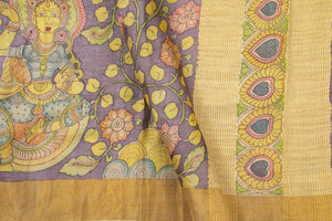 Mauve Kalamkari Tussar Silk Saree Handpainted Floral And Dancing Girl Patterns Organic Vegetable Dyes PT K VSR 107 - Kalamkari Silk - Panjavarnam PT K VSR 107