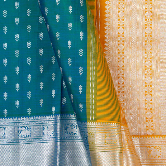 Mayil Kazhuthu Blue And Yellow Kanchipuram Silk Saree For Wedding Wear PV NYC 1527 - Silk Sari - Panjavarnam PV NYC 1527