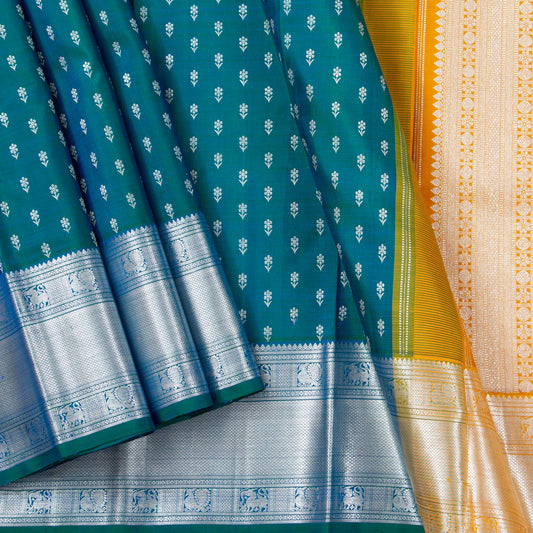 Mayil Kazhuthu Blue And Yellow Kanchipuram Silk Saree For Wedding Wear PV NYC 1527 - Silk Sari - Panjavarnam PV NYC 1527