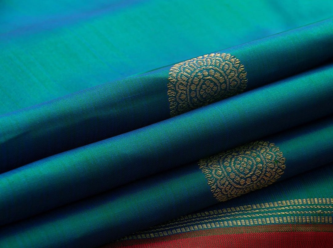 Mayil Kazhuthu Blue Kanchipuram Silk Saree With A Korvai Red Border Handwoven Pure Silk Pure Zari For Wedding Wear PV NYC 894 - Silk Sari - Panjavarnam