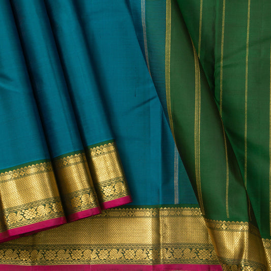 Mayilkazhuthu Blue And Green Kanjivaram Silk Saree With Small Border Handwoven Pure Silk For Festive Wear PV J 3088 - Silk Sari - Panjavarnam PV J 3088