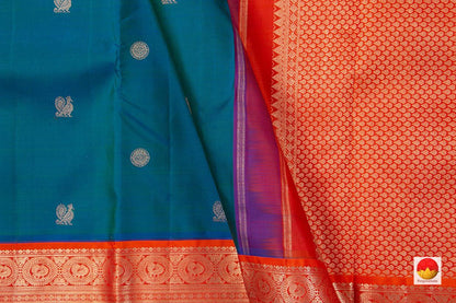 Mayilkazhuthu Blue And Orange Kanchipuram Silk Saree With Small Border Handwoven Pure Silk For Festive Wear PV J 220 A - Silk Sari - Panjavarnam