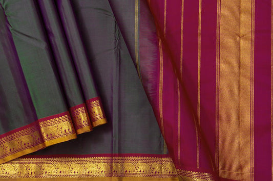 Mayilkazhuthu Green And Maroon Kanchipuram Silk Saree With Short Border Handwoven Pure Silk For Festive Wear PV J 353 - Silk Sari - Panjavarnam